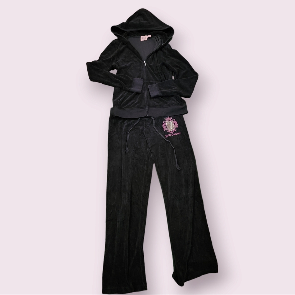 Y2k Juicy Couture Terry Cloth Track Suit Set Embellished Logo Black - Picture 2 of 6